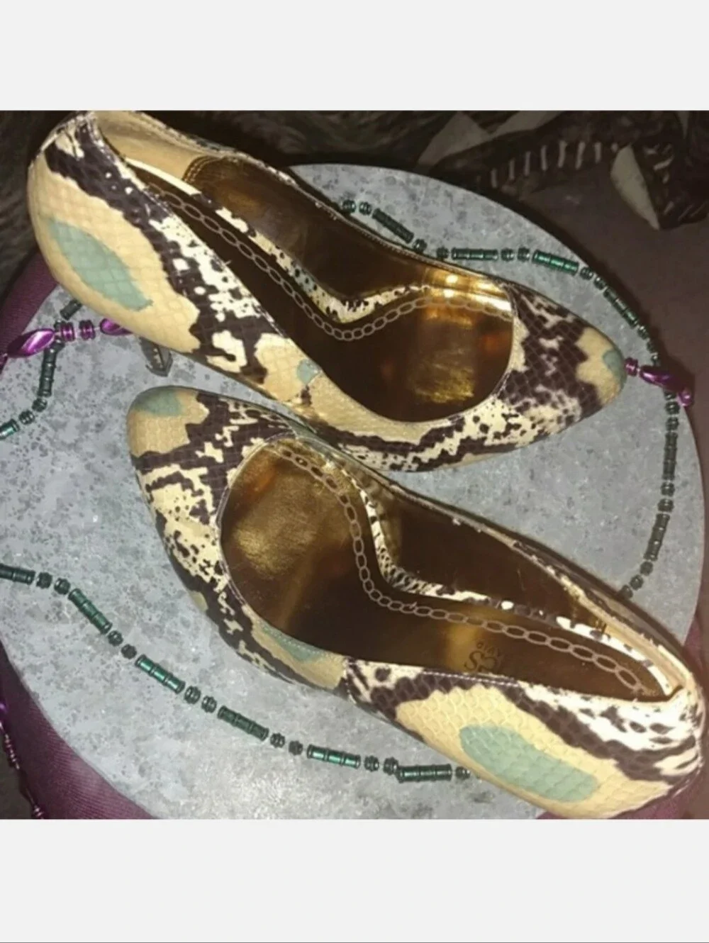 CHARLES DAVID Gold Sole Snakeskin Pumps Size 7